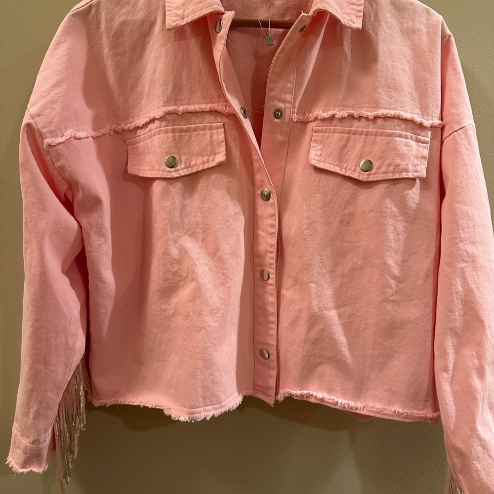 Main Strip Medium Pink Jean Fringe HOWDY jacket NWOT **Nashville trip! - Picture 7 of 7